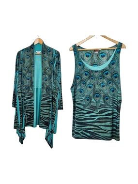Reina Peacock Feather Print Tank & Drape Cardigan Set